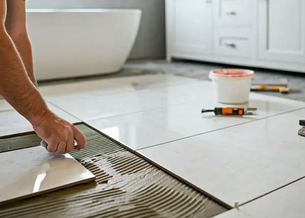 Hand legt eine Fliese auf einen mit Kleber bestrichenen Boden, daneben liegen Werkzeuge und ein Eimer.