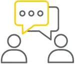Zwei stilisierte Personen mit Sprechblasen, eine Sprechblase gelb mit drei Punkten, die andere grau.